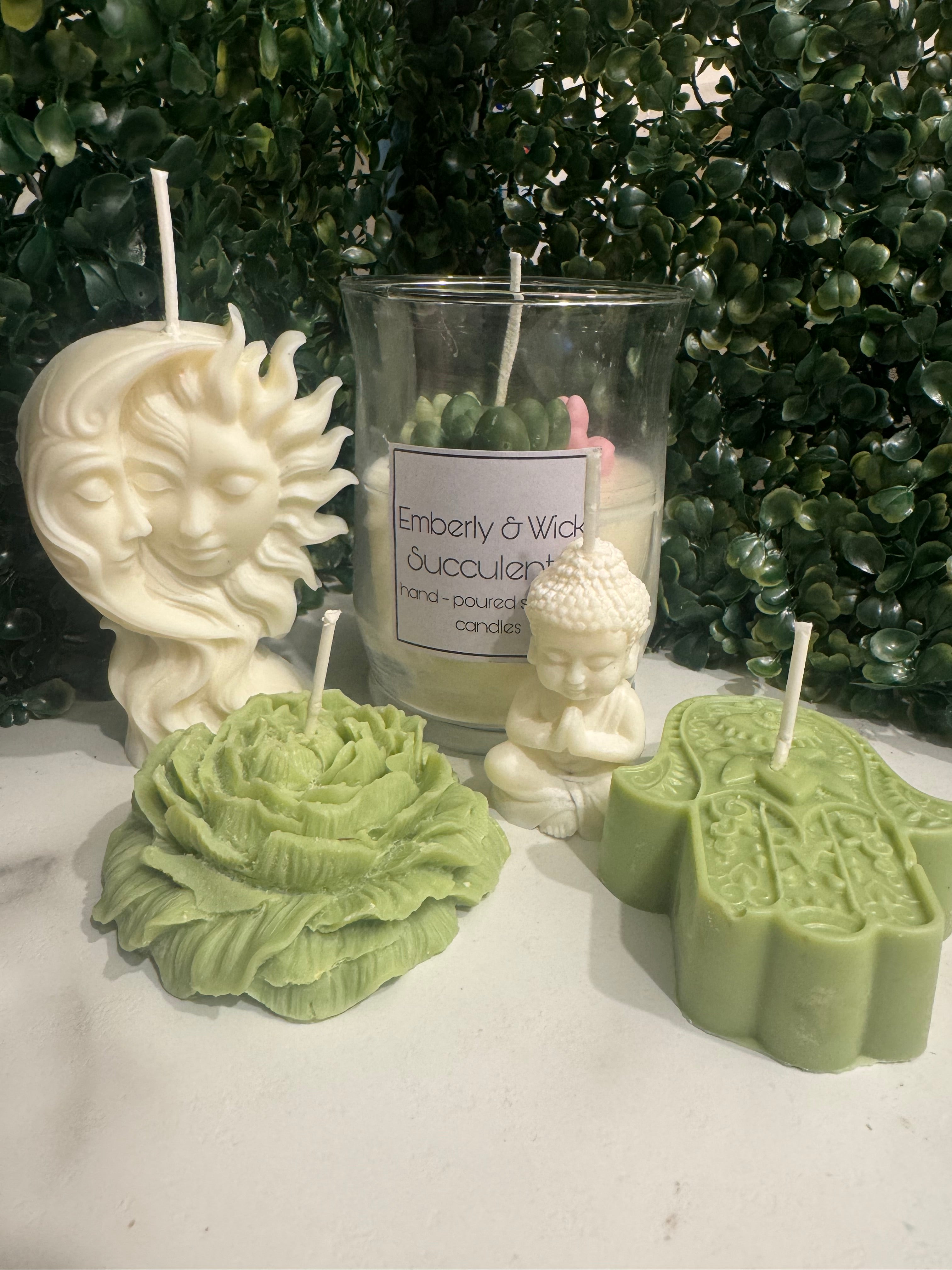succulent jade candle 5-Candle set: Sun Moon, Buddha, Hamsa, Peony and succulents green tea – Emberly & Wick