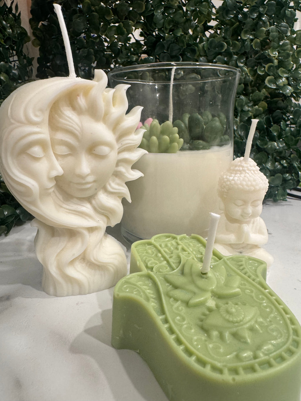 5-Candle set: Sun Moon, Buddha, Hamsa, Peony and succulents green tea scented