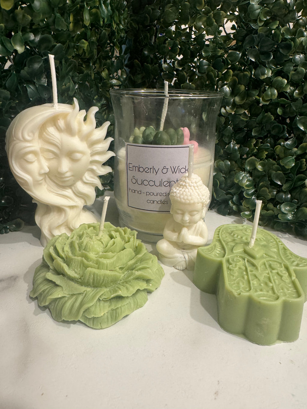 5-Candle set: Sun Moon, Buddha, Hamsa, Peony and succulents green tea scented