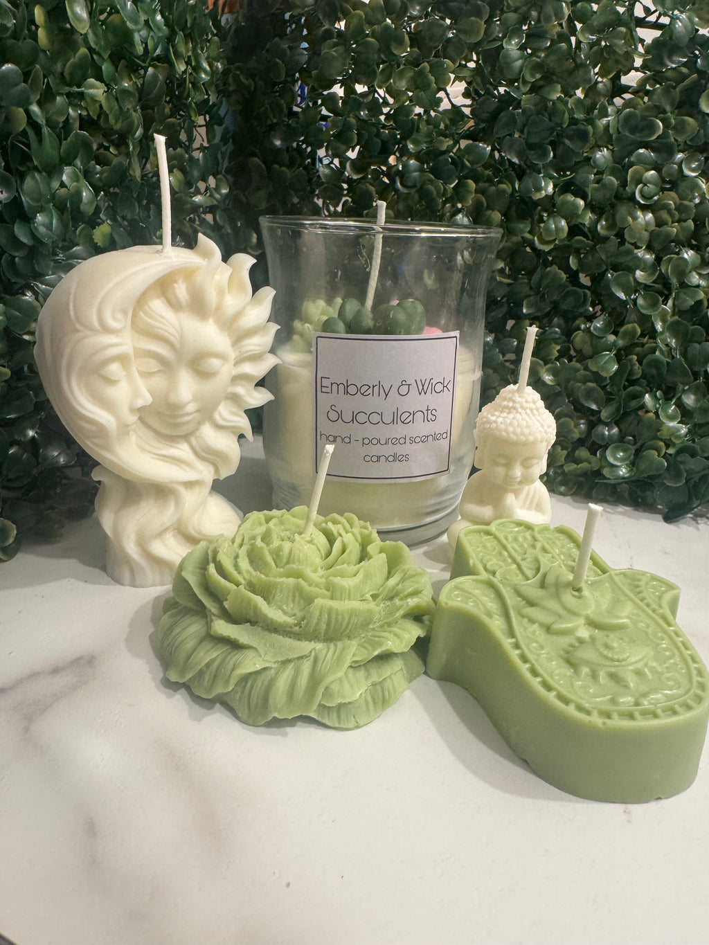5-Candle set: Sun Moon, Buddha, Hamsa, Peony and succulents green tea scented
